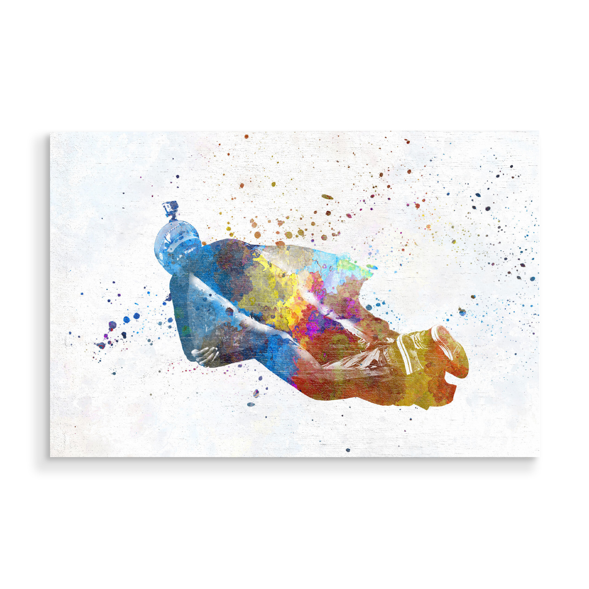 Holzbild "Wingsuit wings in watercolor" artboxONE - Sport - Athlete,Color,Sport,Sports,Multicolor,Watercolor,Wingsuit,Jump,Base jump