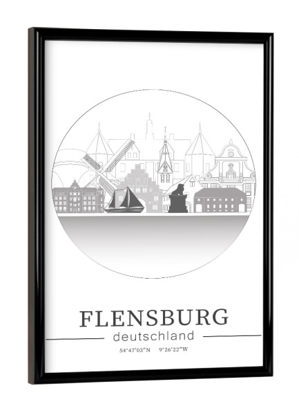 Poster mit schwarzem Rahmen "Flensburg skyline line art circle" artboxONE - Städte,Reise,Architektur,Kartografie