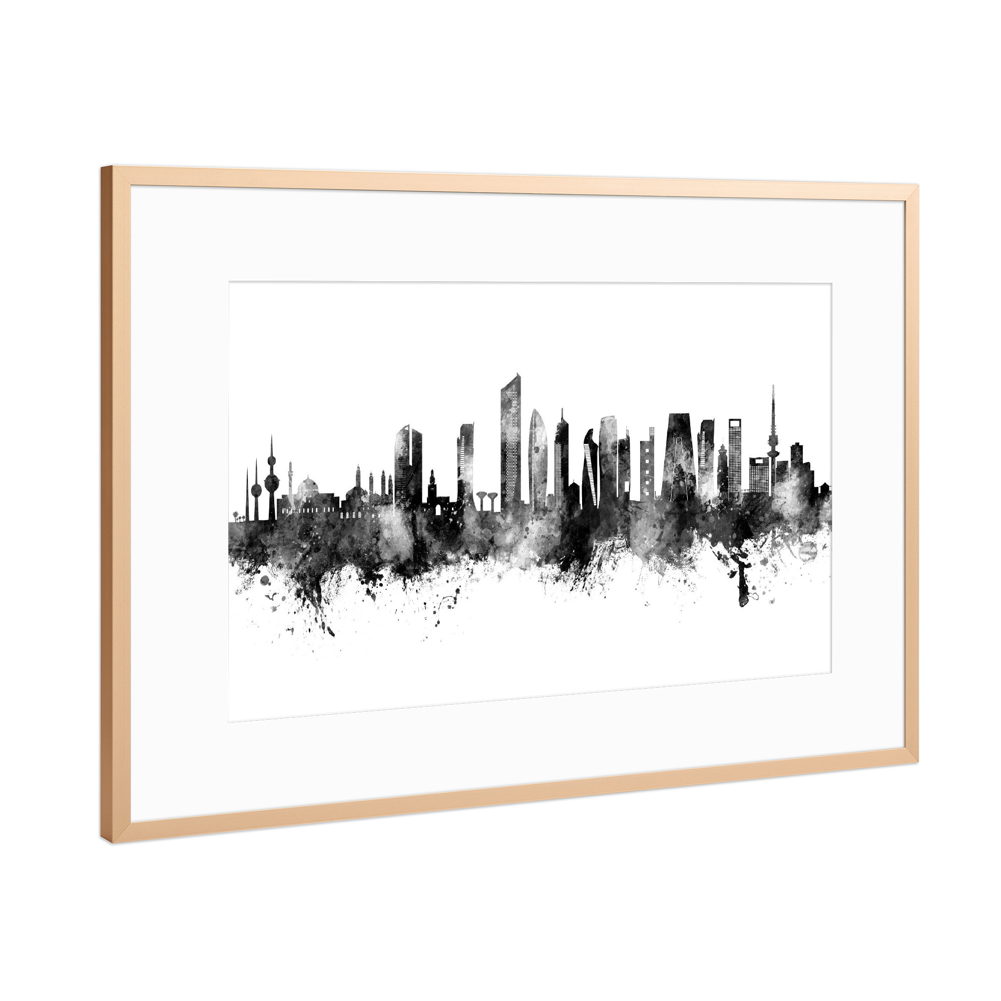 Poster mit Rahmen Kupfer "Kuwait City Skyline Black" artboxONE - Städte,Schwarzweiß