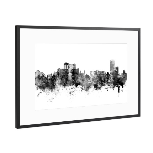 Poster mit Rahmen Schwarz (Metallic) "Athens Greece Skyline Black" artboxONE - Städte,Schwarzweiß