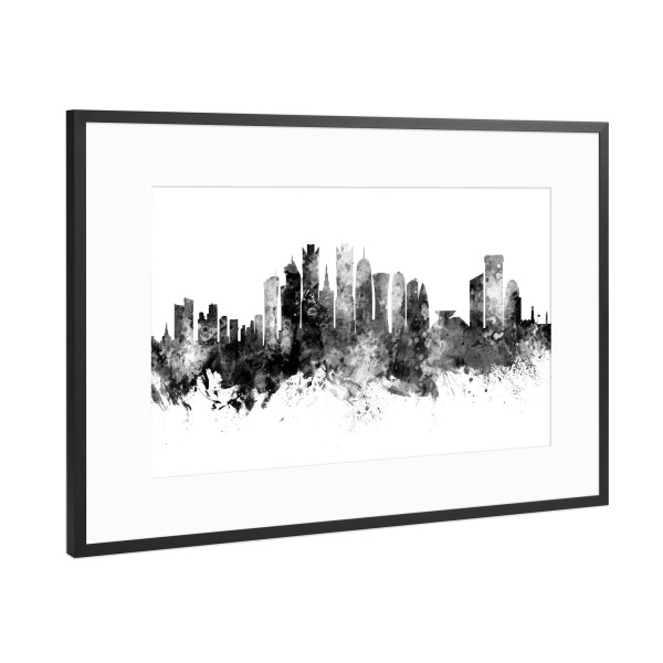 Poster mit Rahmen Schwarz (Metallic) "Doha Qatar Skyline Black" artboxONE - Städte,Schwarzweiß
