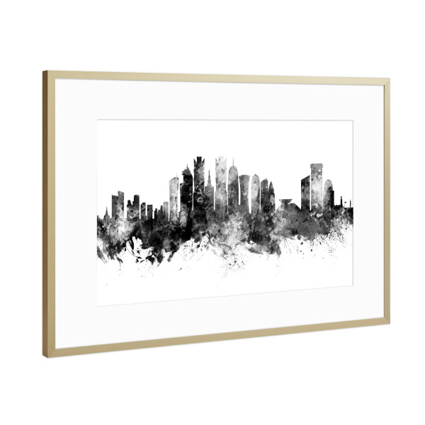 Poster mit Rahmen Gold "Doha Qatar Skyline Black" artboxONE - Städte,Schwarzweiß