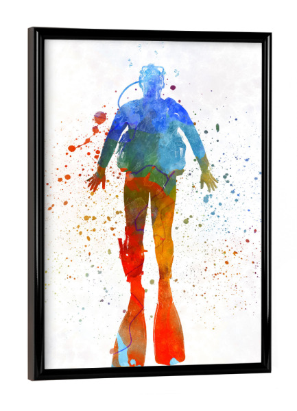 Poster mit schwarzem Rahmen "Man scuba diver in watercolor-d" artboxONE - Sport