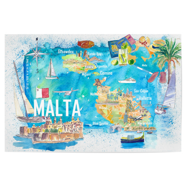 Poster "Malta Illustrated Map" artboxONE - Architektur,Reise / Strand und Meer,Kartografie