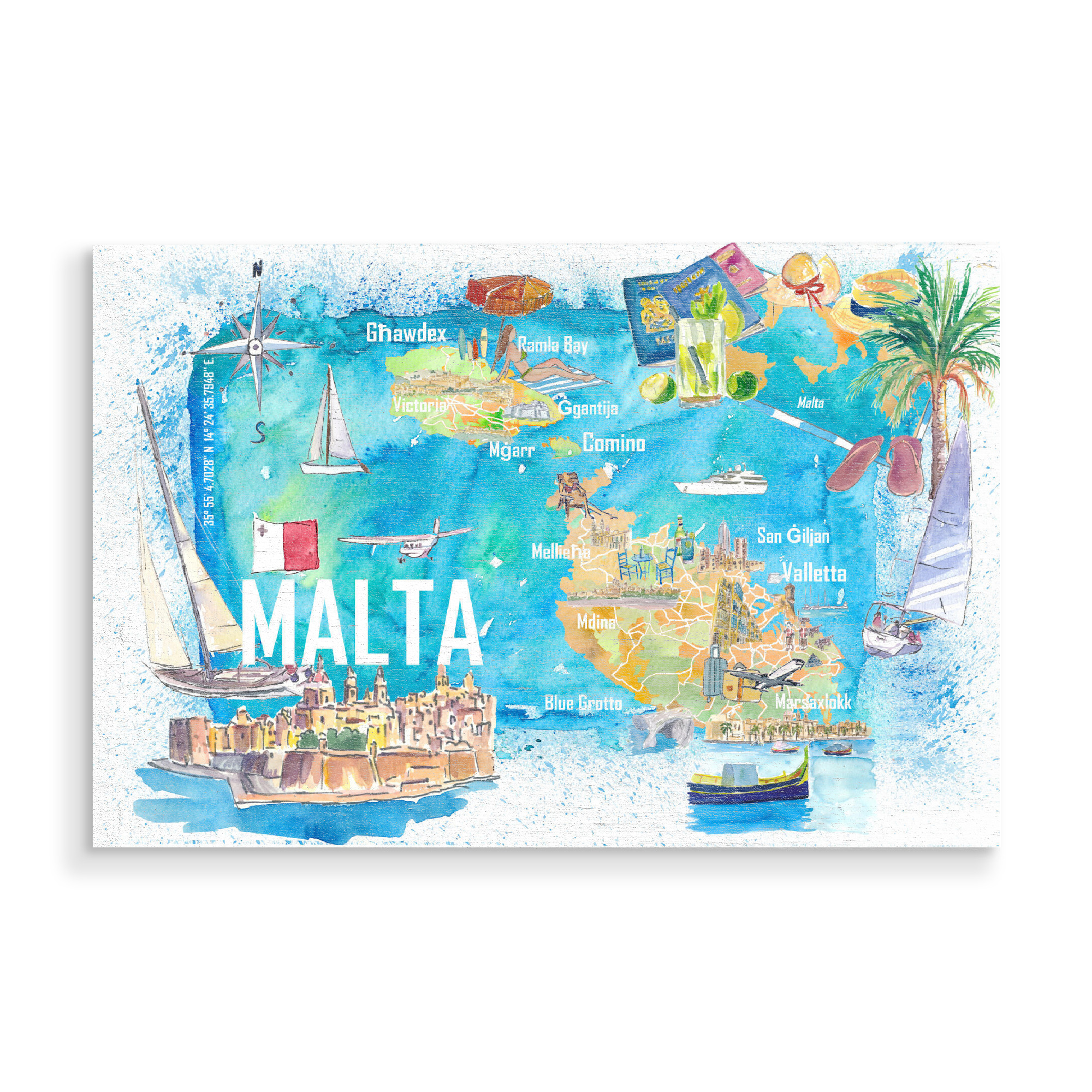 Holzbild "Malta Illustrated Map" artboxONE - Architektur,Reise / Strand und Meer,Kartografie