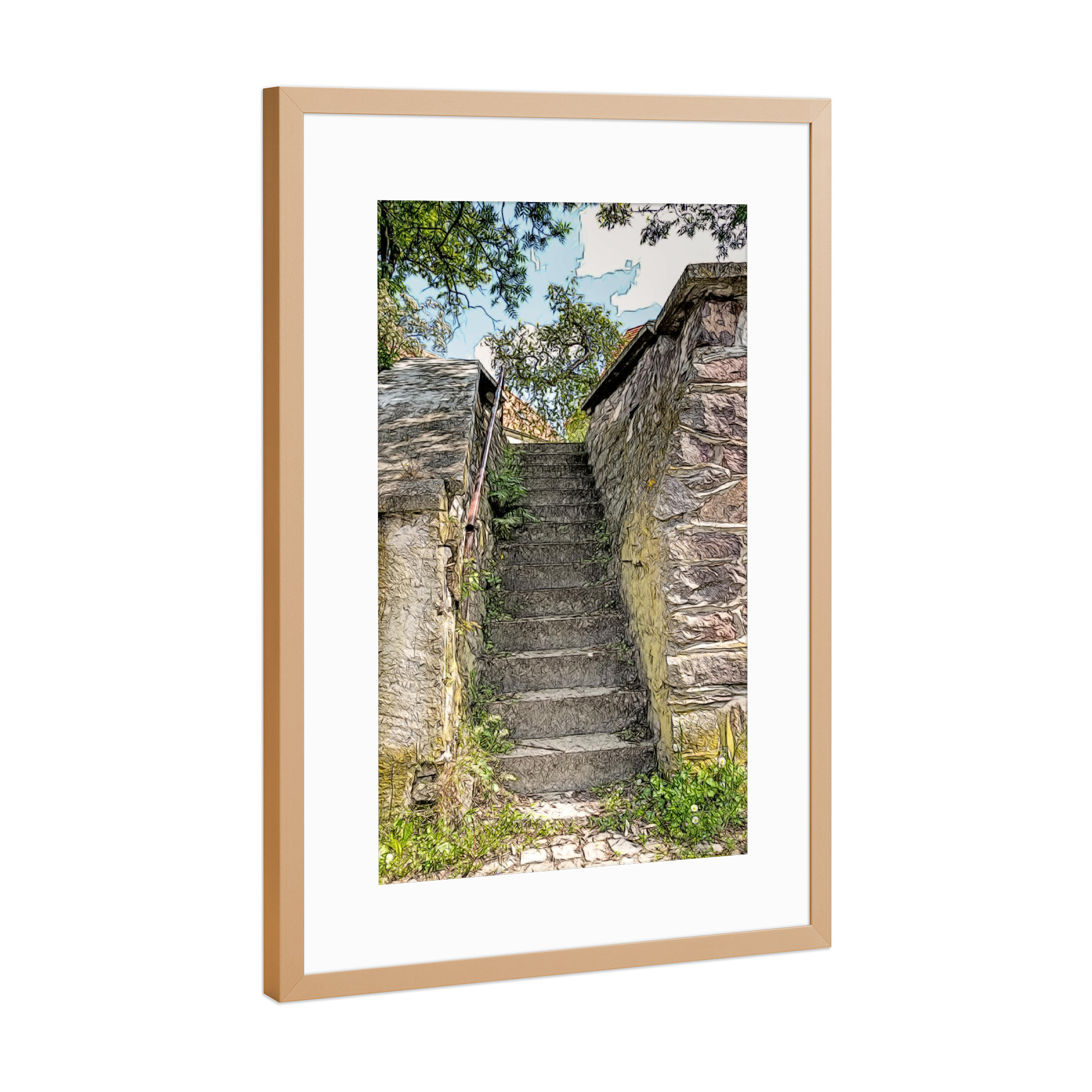 Poster mit Rahmen Kupfer "Alte Steintreppe" artboxONE - Natur,Architektur - Architektur,Architecture,Historisch,Treppe,Stein,Stone,Stairs,Natur,Nature