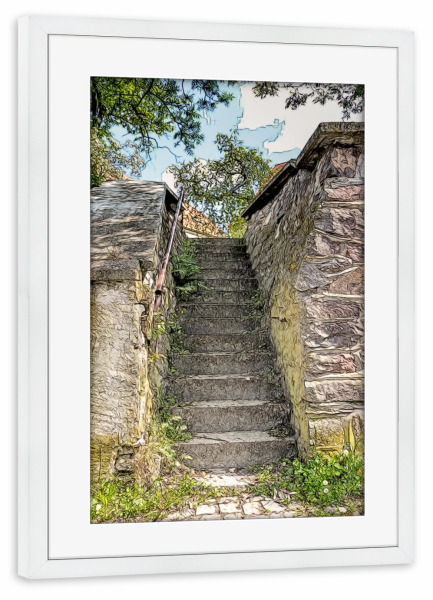 Poster mit Rahmen weiß "Alte Steintreppe" artboxONE - Natur,Architektur - Architektur,Architecture,Historisch,Treppe,Stein,Stone,Stairs,Natur,Nature