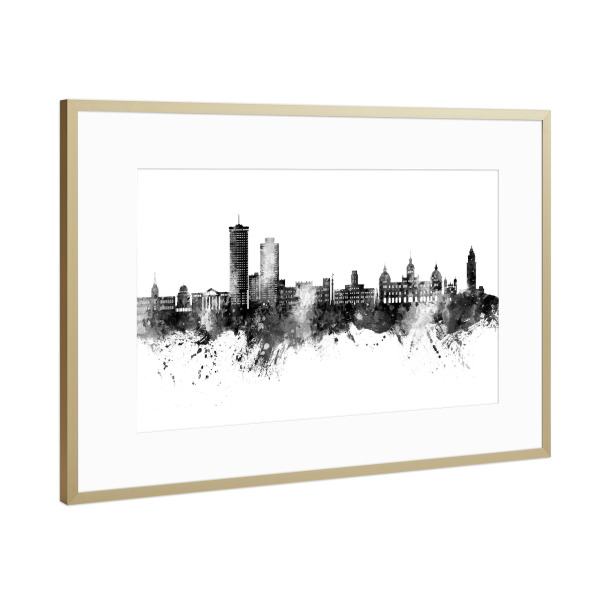 Poster mit Rahmen Gold "A Coruña Spain Skyline Black" artboxONE - Städte,Schwarzweiß