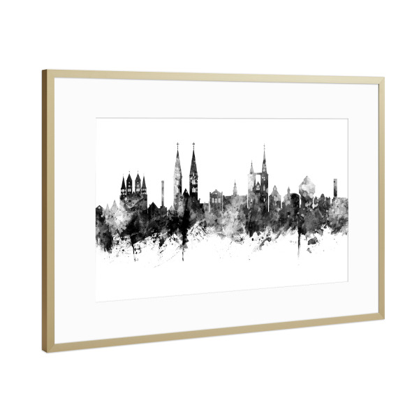 Poster mit Rahmen Gold "Halberstadt Germany Skyline Black" artboxONE - Städte,Schwarzweiß