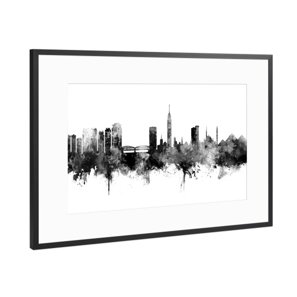 Poster mit Rahmen Schwarz (Metallic) "Cairo Egypt Skyline Black" artboxONE - Städte,Schwarzweiß
