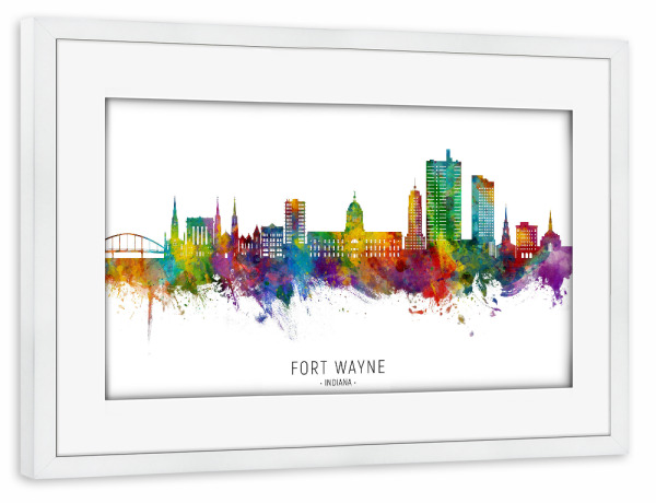 Poster mit Rahmen weiß "Fort Wayne Indiana Skyline txt" artboxONE - Städte