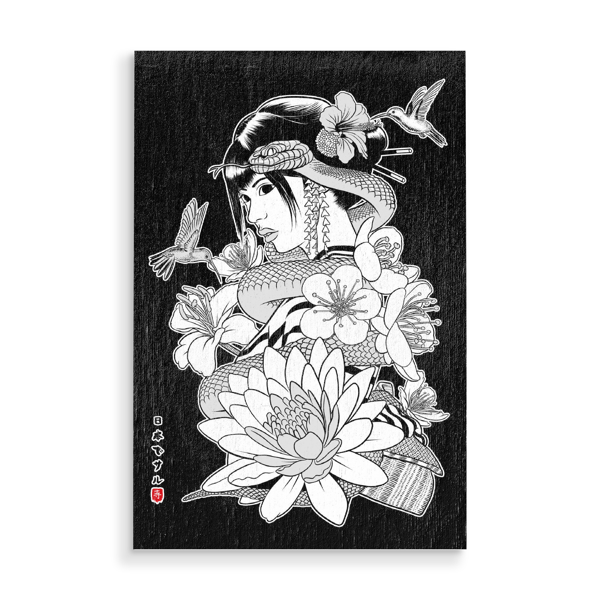 Holzbild "Snake and Flowers with Geisha" artboxONE - Floral,Schwarzweiß,Städte / Tokio