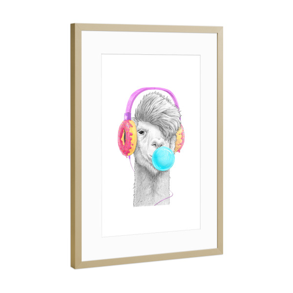 Poster mit Rahmen Gold "Llama with headphones" artboxONE - Tiere,Essen & Trinken,Lustig