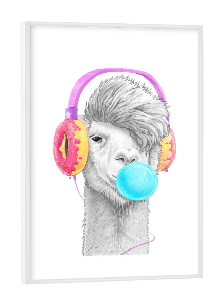 Poster mit weißem Rahmen "Llama with headphones" artboxONE - Tiere,Essen & Trinken,Lustig