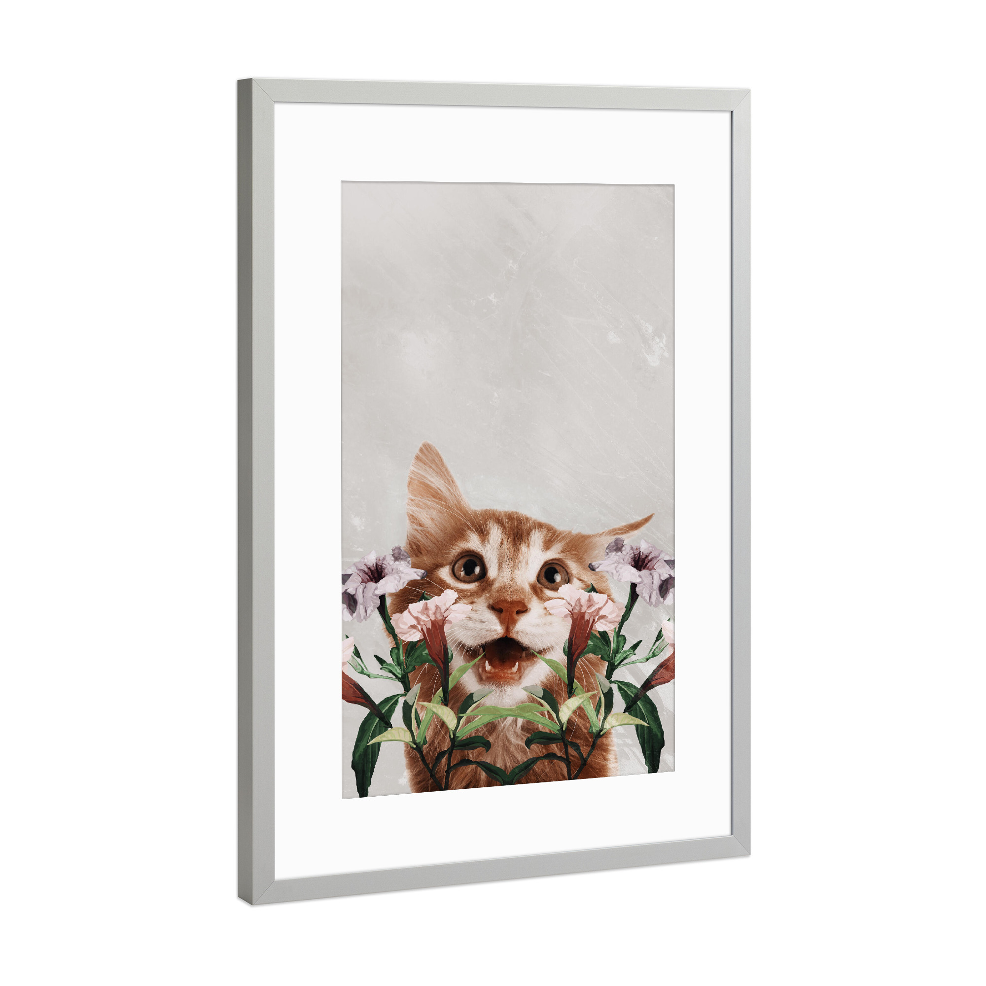 Poster mit Rahmen Silber "Floral cat by Tas" artboxONE - Natur,Floral,Tiere