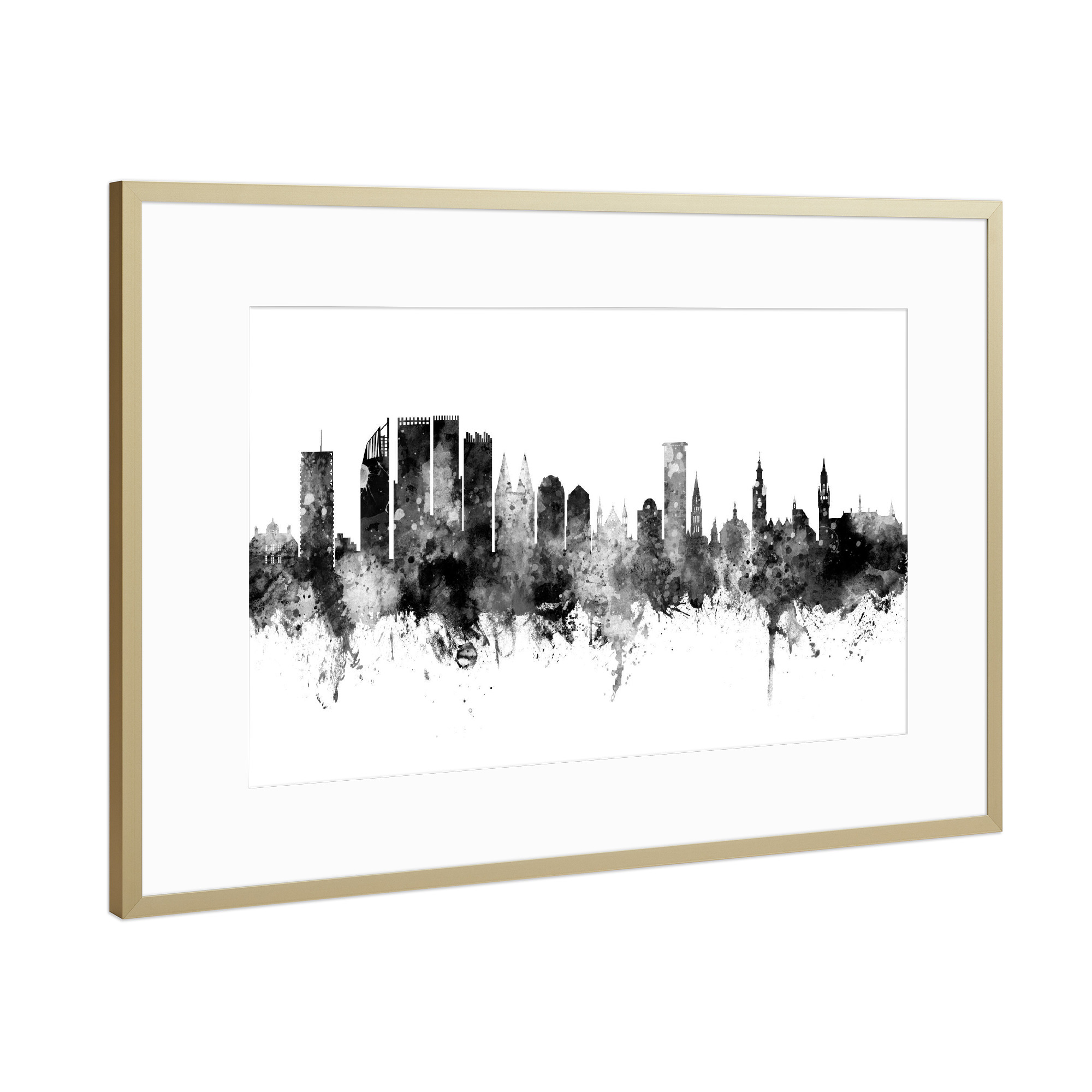 Poster mit Rahmen Gold "The Hague Skyline Black" artboxONE - Städte,Schwarzweiß