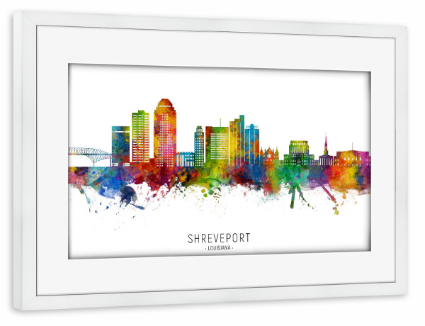 Poster mit Rahmen weiß "Shreveport Louisiana Skyline txt" artboxONE - Städte