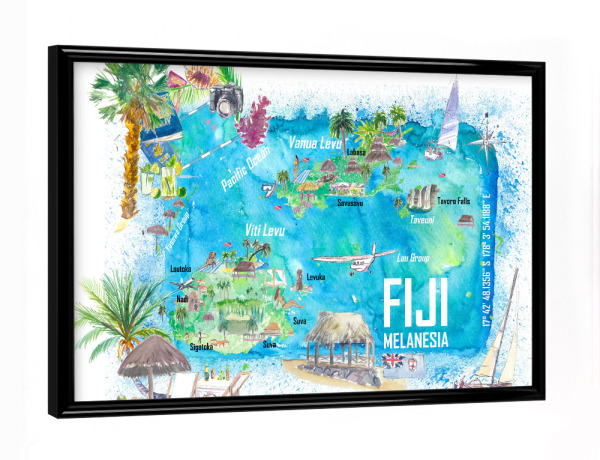 Poster mit schwarzem Rahmen "Fiji Illustrierte Karte" artboxONE - Reise,Reise / Strand und Meer,Kartografie