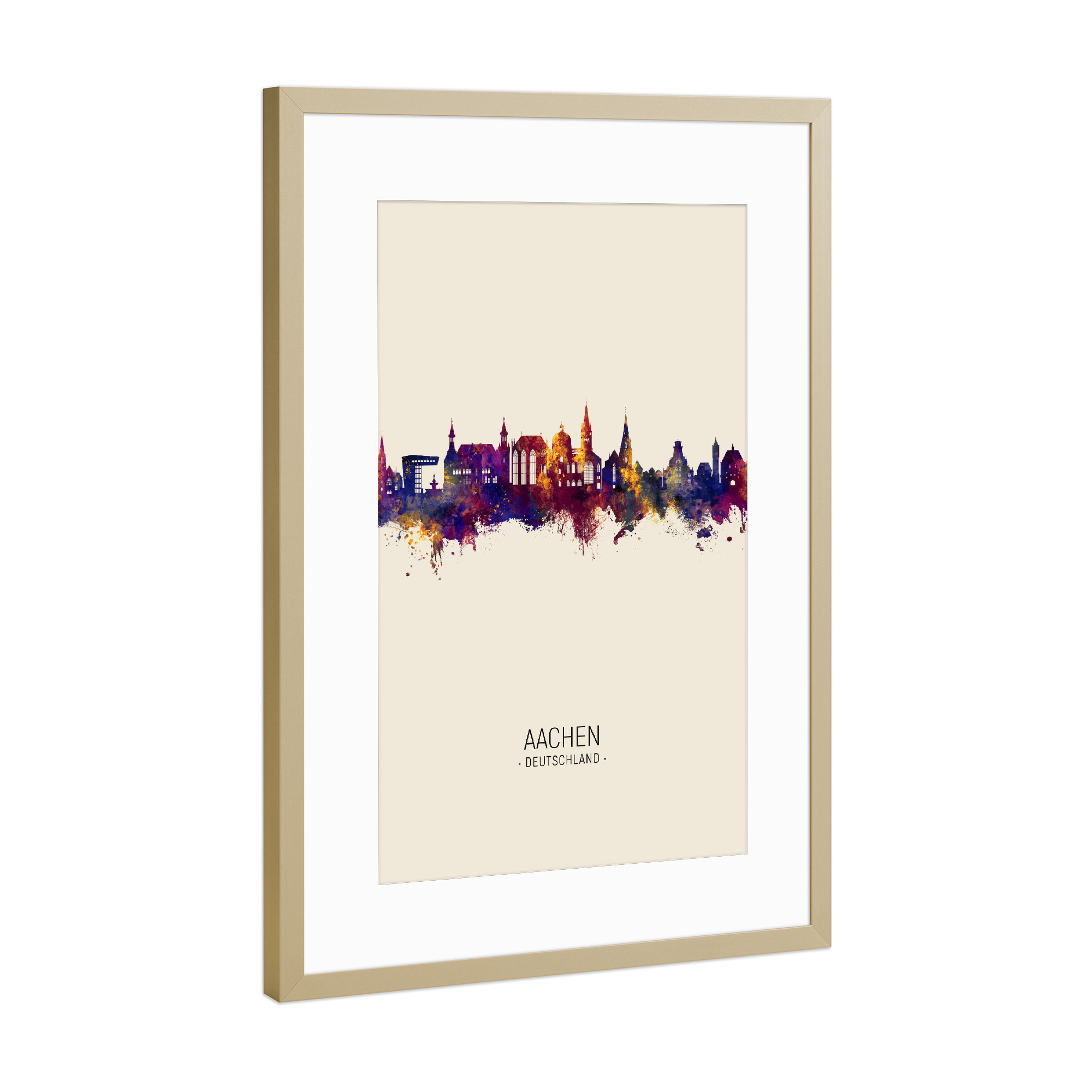 Poster mit Rahmen Gold "Aachen Germany Skyline Beige" artboxONE - Städte