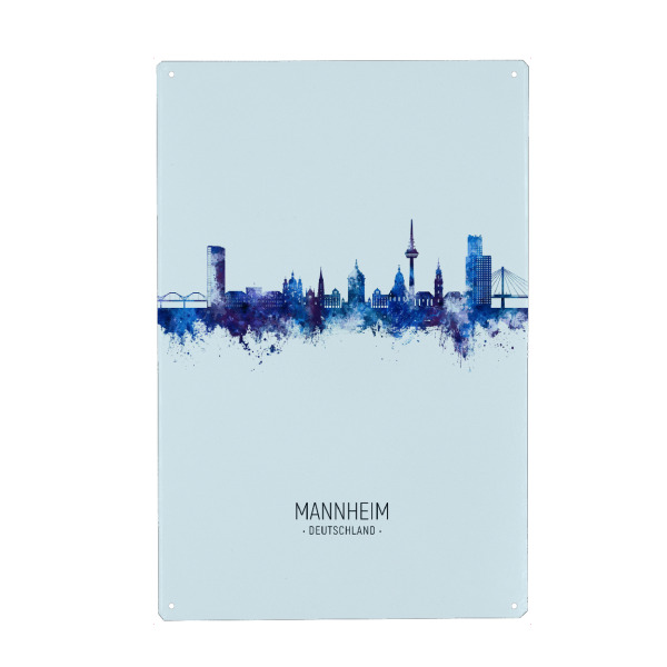 Holzbild "Mannheim Skyline Dark Blue" artboxONE - Städte - Mannheim,Deutschland,Skyline,Cityscape,Stadtbild,Watercolor,Painting,City,Stadt,Germany