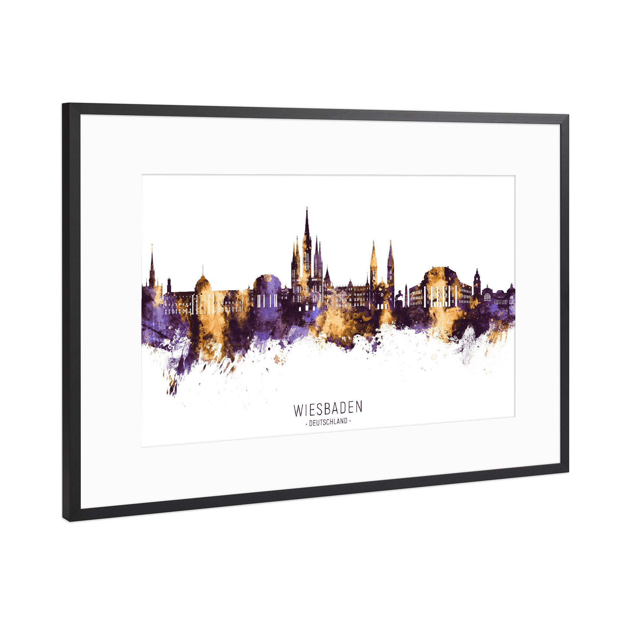 Poster mit Rahmen Schwarz (Metallic) "Wiesbaden Skyline PurpleGold" artboxONE - Städte