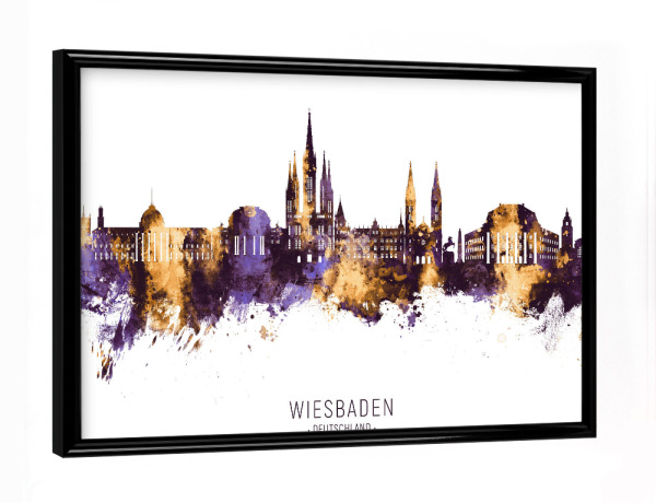 Poster mit schwarzem Rahmen "Wiesbaden Skyline PurpleGold" artboxONE - Städte