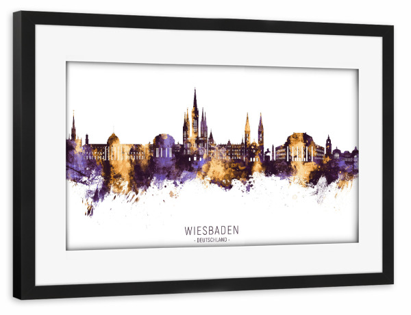 Poster mit Rahmen schwarz "Wiesbaden Skyline PurpleGold" artboxONE - Städte