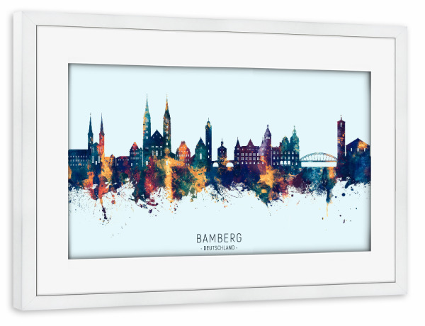 Poster mit Rahmen weiß "Bamberg Skyline BlueOrange" artboxONE - Städte