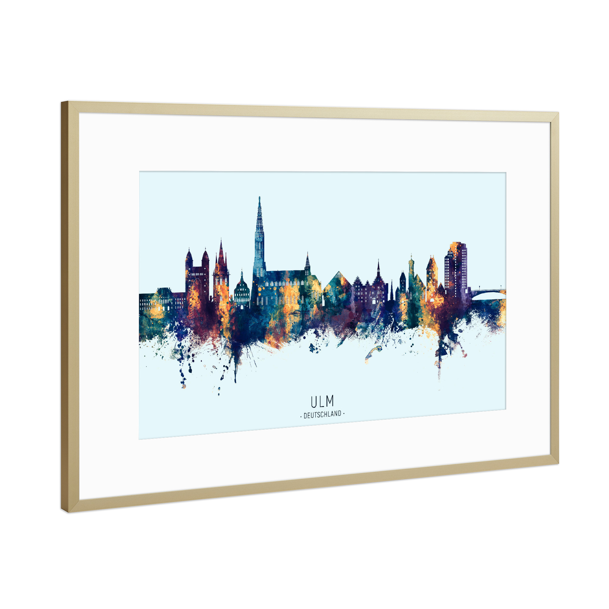 Poster mit Rahmen Gold "Ulm Germany Skyline BlueOrange" artboxONE - Städte
