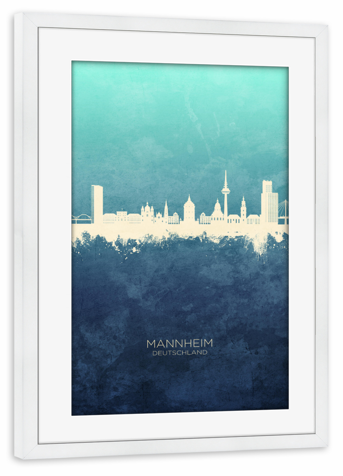 Poster mit Rahmen weiß "Mannheim Germany Skyline NavyCyan" artboxONE - Städte