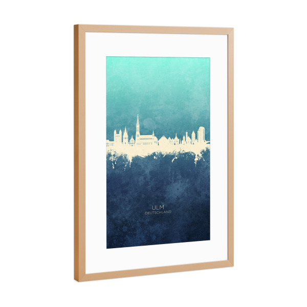 Poster mit Rahmen Kupfer "Ulm Germany Skyline NavyCyan" artboxONE - Städte