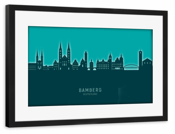 Poster mit Rahmen schwarz "Bamberg Germany Skyline Glow Teal" artboxONE - Städte
