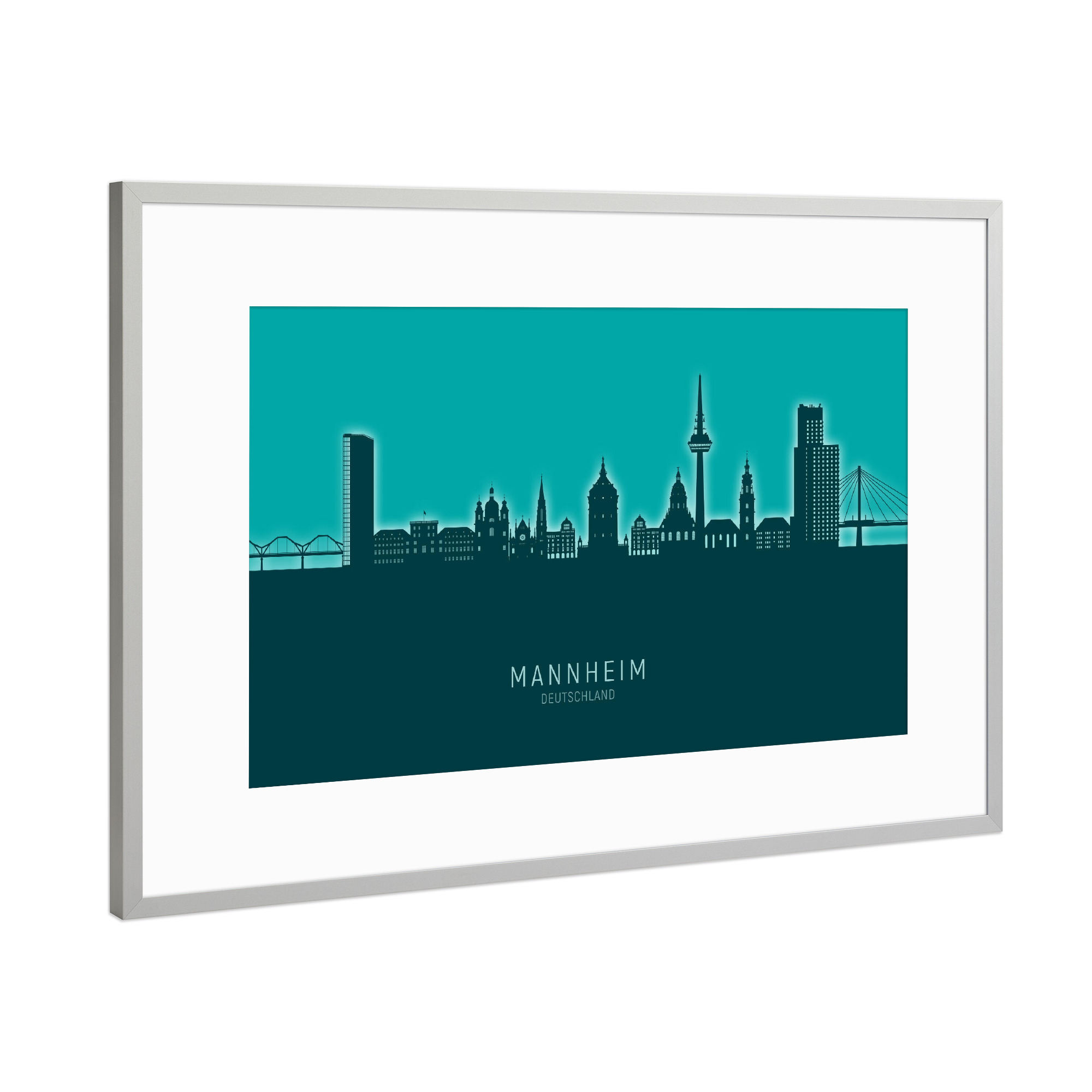 Poster mit Rahmen Silber "Mannheim Skyline Glow Teal" artboxONE - Städte