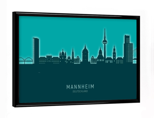 Poster mit schwarzem Rahmen "Mannheim Skyline Glow Teal" artboxONE - Städte