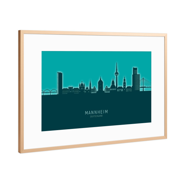 Poster mit Rahmen Kupfer "Mannheim Skyline Glow Teal" artboxONE - Städte