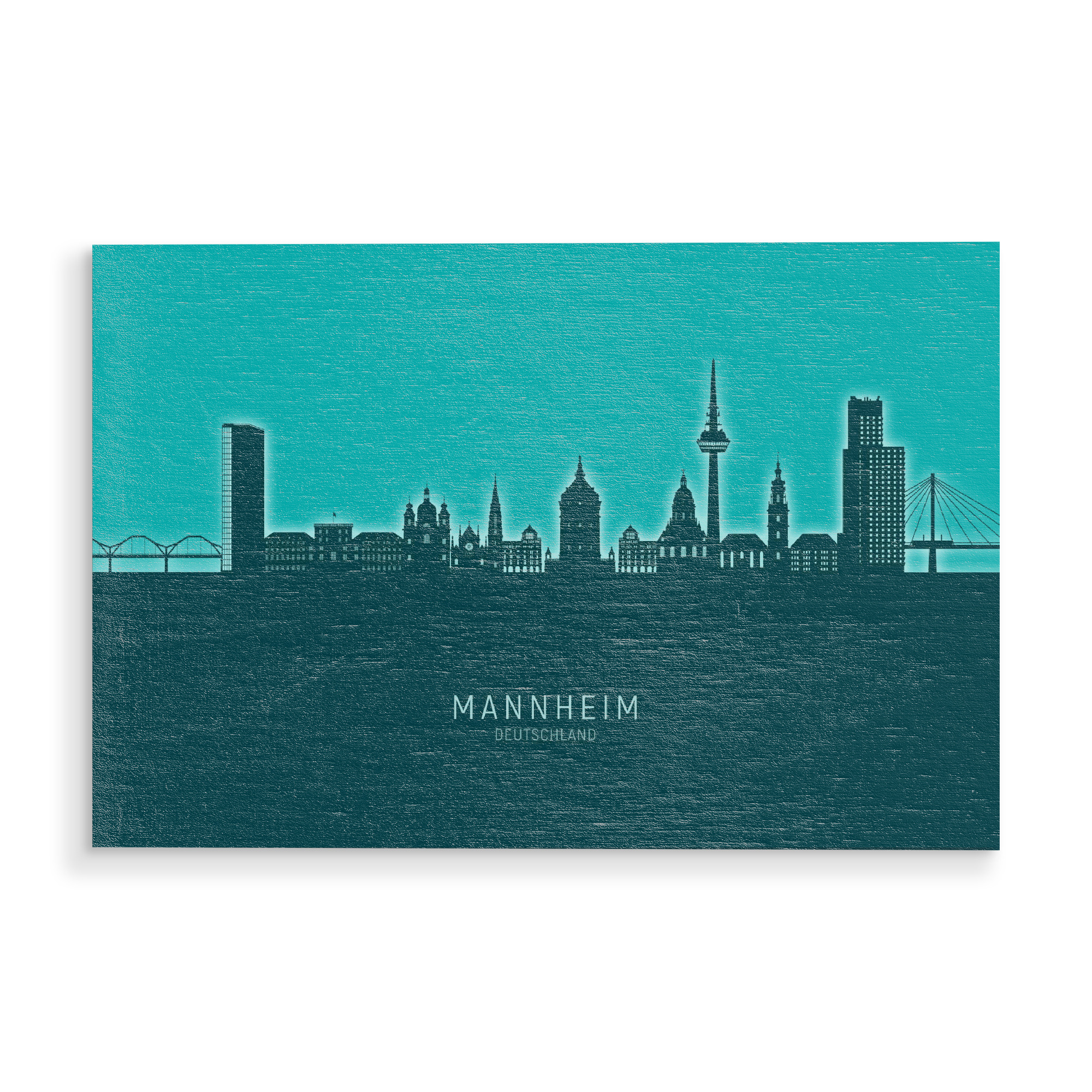 Holzbild "Mannheim Skyline Glow Teal" artboxONE - Städte - Mannheim,Deutschland,Skyline,Cityscape,Stadtbild,Watercolor,Painting,City,Stadt,Germany