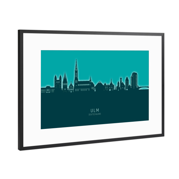 Poster mit Rahmen Schwarz (Metallic) "Ulm Germany Skyline Glow Teal" artboxONE - Städte