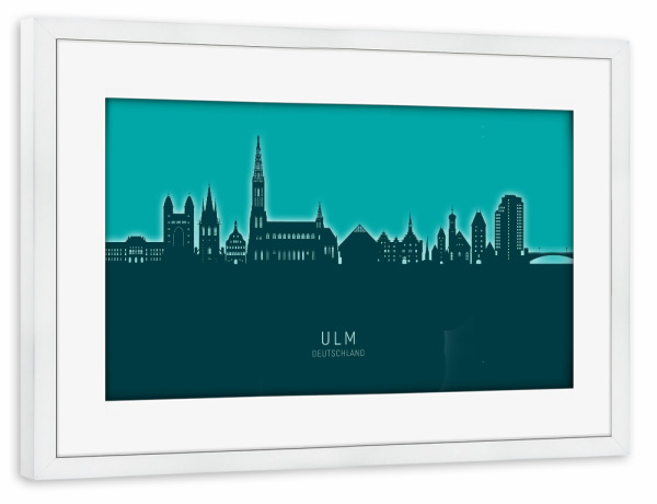 Poster mit Rahmen weiß "Ulm Germany Skyline Glow Teal" artboxONE - Städte