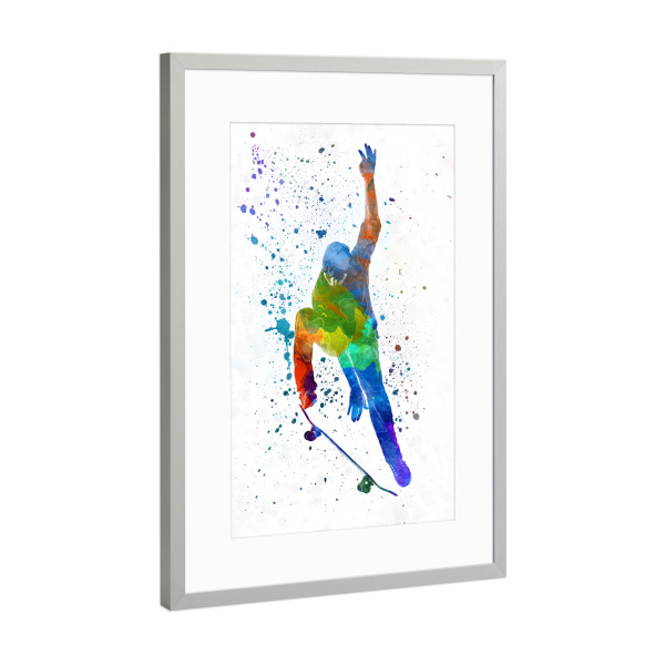 Poster mit Rahmen Silber "Man skateboard in watercolor-d" artboxONE - Sport