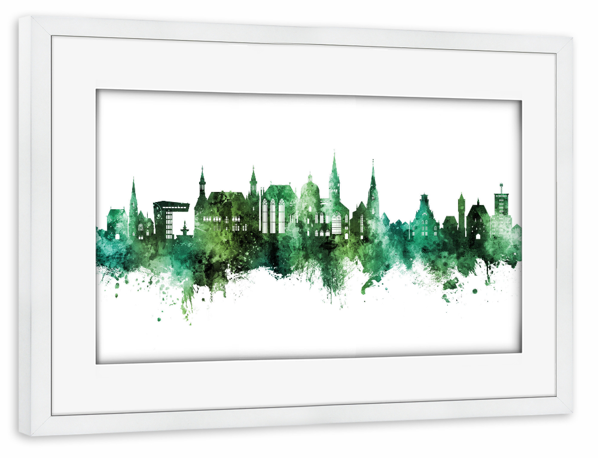 Poster mit Rahmen weiß "Aachen Germany Skyline Green" artboxONE - Städte