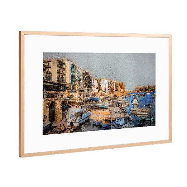 Poster mit Rahmen Kupfer "Malta city life" artboxONE - Städte,Reise - Malta,City,City life,Urban,Town,Sea,Boats,Stadt,Gebäude,Architektur,Architecture