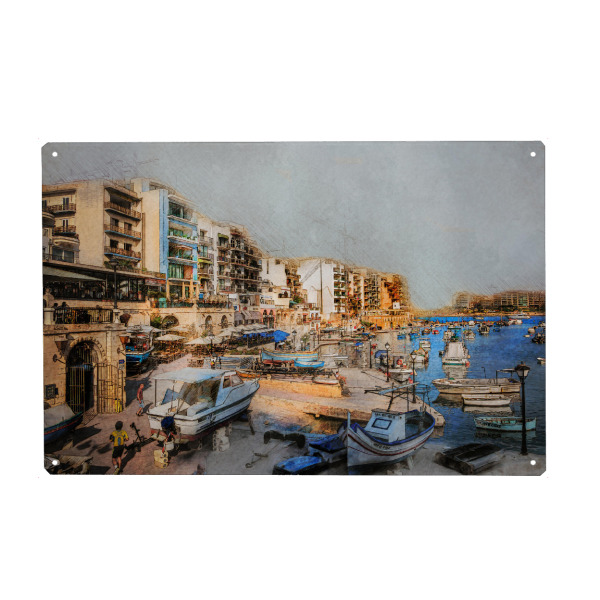 Holzbild "Malta city life" artboxONE - Städte,Reise - Malta,City,City life,Urban,Town,Sea,Boats,Stadt,Gebäude,Architektur,Architecture