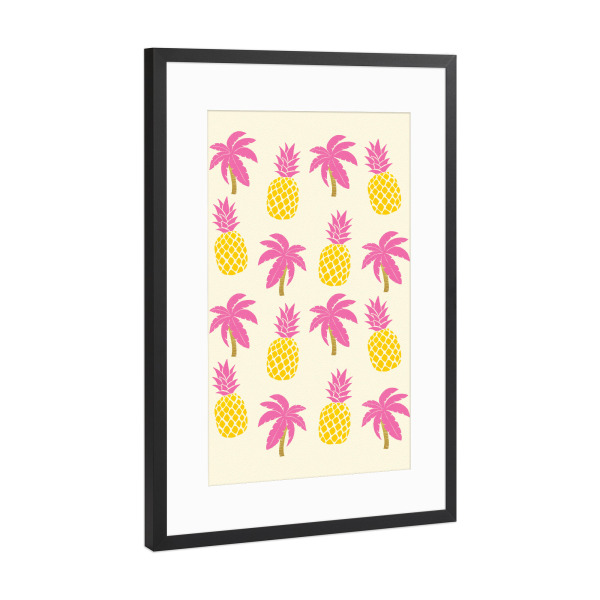 Poster mit Rahmen Schwarz (Metallic) "Ananas und Palmen in Gelb und Pink" artboxONE - Floral,Essen & Trinken,Lustig