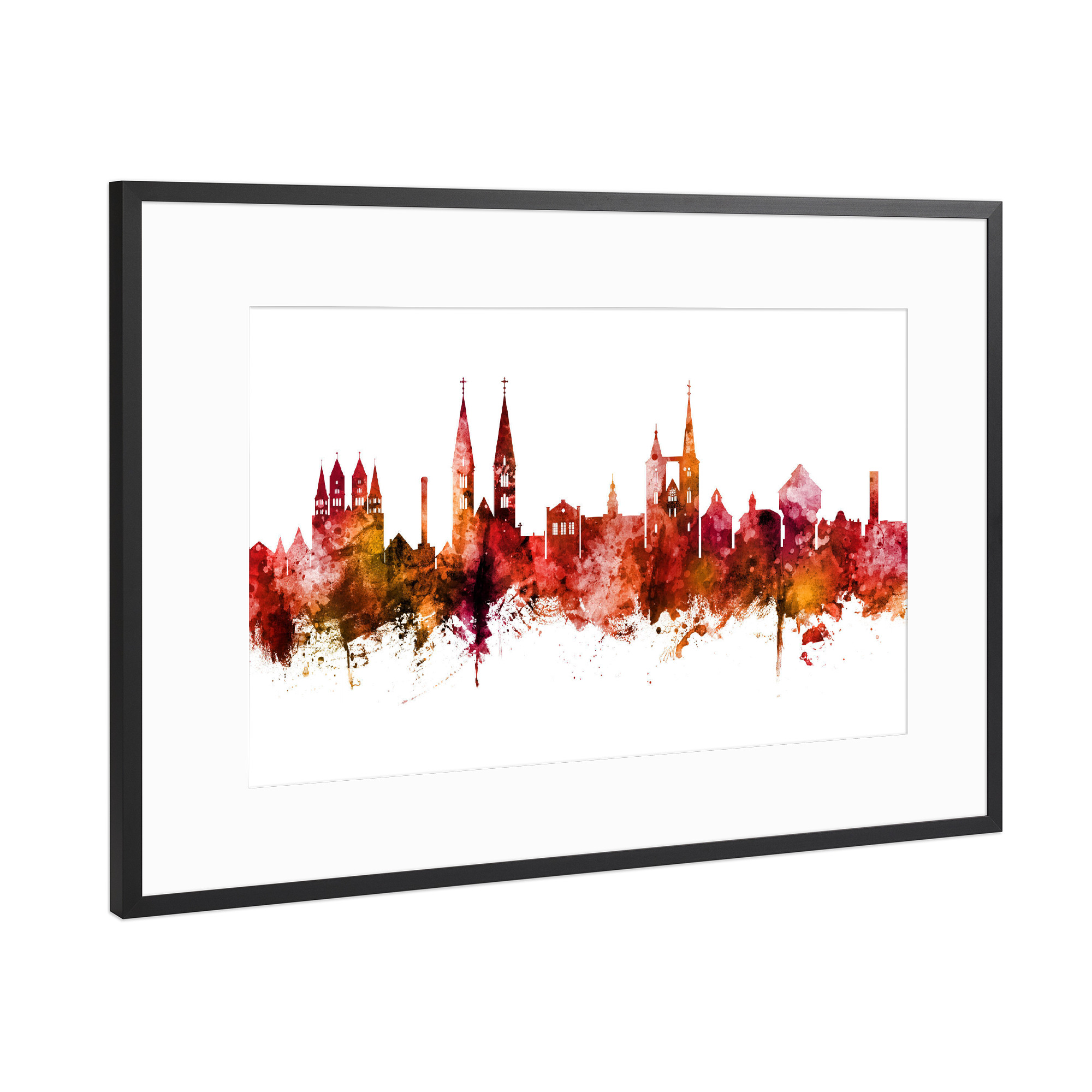 Poster mit Rahmen Schwarz (Metallic) "Halberstadt Germany Skyline Red" artboxONE - Städte