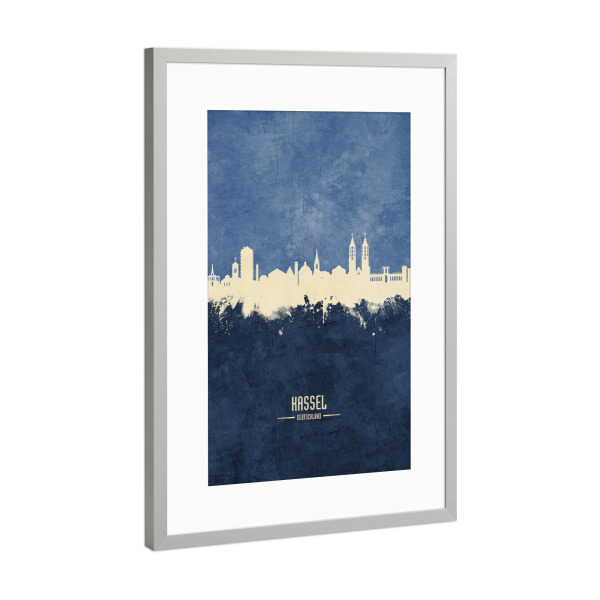 Poster mit Rahmen Silber "Kassel Germany Skyline Navy" artboxONE - Städte