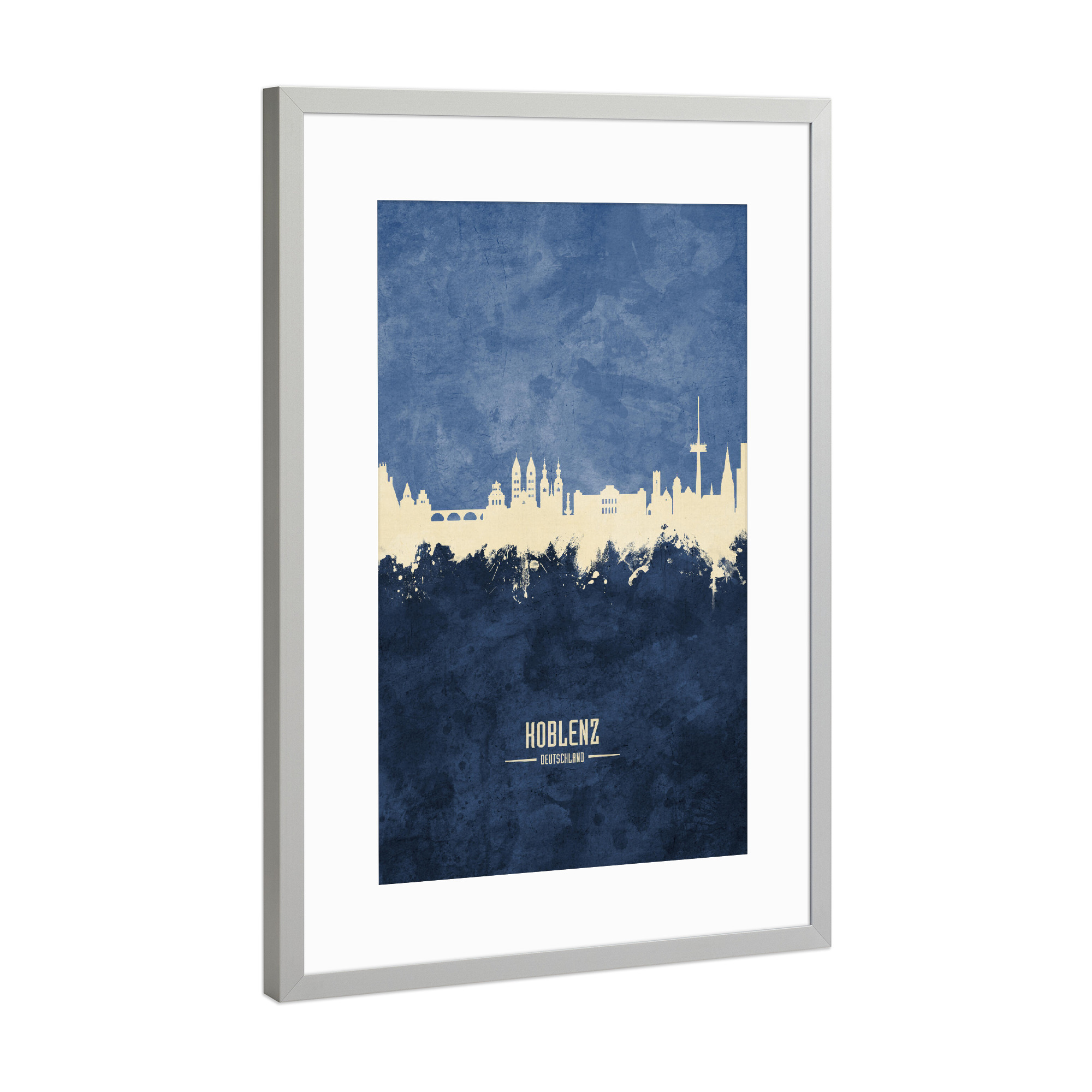 Poster mit Rahmen Silber "Koblenz Germany Skyline Navy" artboxONE - Städte
