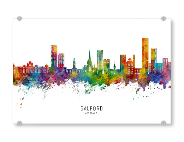Acrylglasbild "Salford England Skyline txt" artboxONE - Städte - Salford,England,Skyline,Cityscape,Stadtbild,Watercolor,City,Stadt,Bunt,Colorful