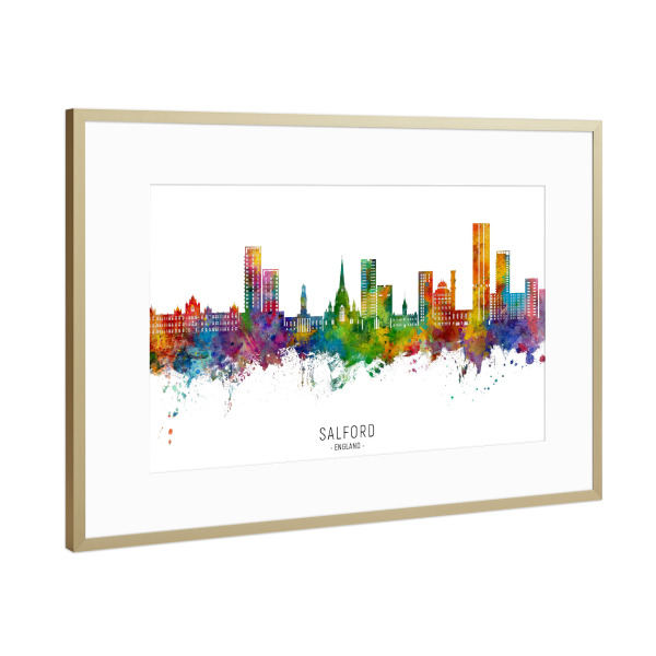Poster mit Rahmen Gold "Salford England Skyline txt" artboxONE - Städte