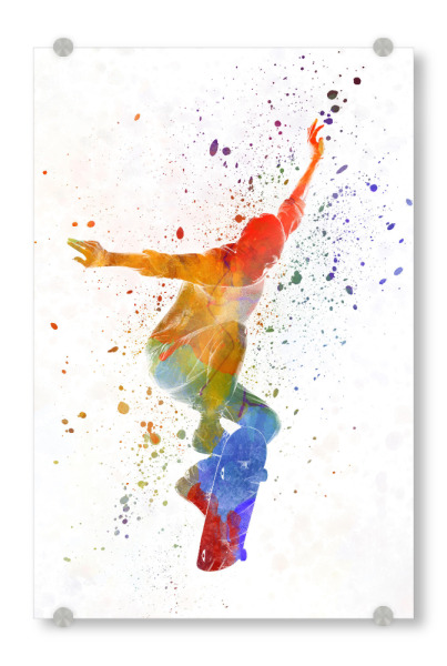 Acrylglasbild "Man skateboard in watercolor-e" artboxONE - Sport - Skate,Skateboard,Sport,Sports,Color,Decorative,Young,Jump,Competition,Bunt,Colorful