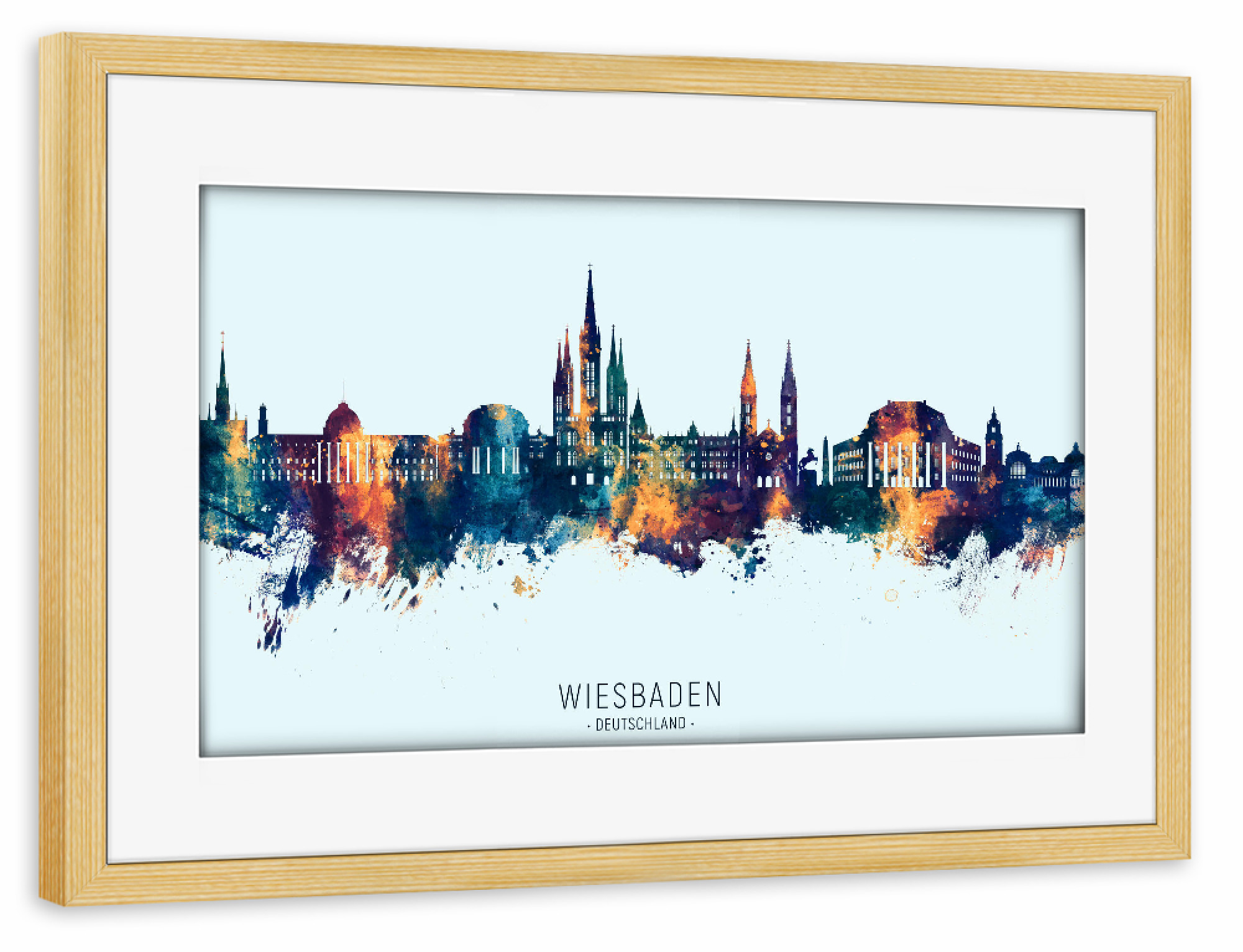 Poster mit Rahmen kiefer "Wiesbaden Skyline BlueOrange" artboxONE - Städte